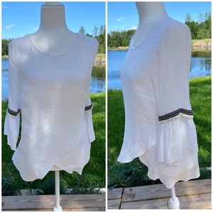 Alyx White Boho Blouse with 3/4 bell sleeves, black & gold accent, Med
